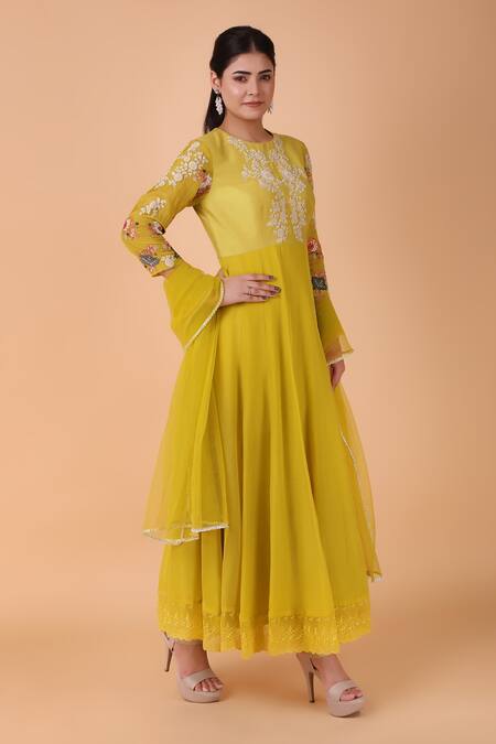 Shop_Nidhi Kejriwal_Green Organza, Silk Embroidery Round Neck Floral Bodice Anarkali With Dupatta _Online_at_Aza_Fashions