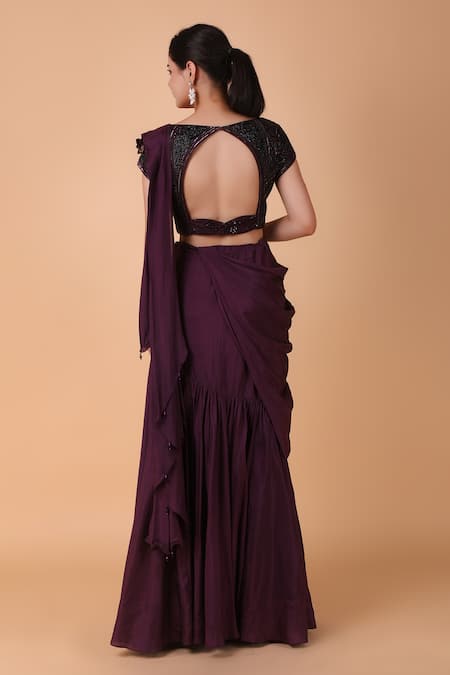 Shop_Nidhi Kejriwal_Purple Silk Sequins, Cut Work Pre-draped Floral Embroidered Saree With Blouse _at_Aza_Fashions