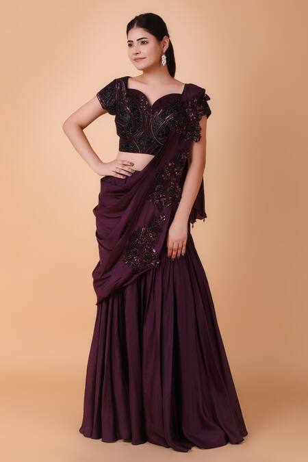 Nidhi Kejriwal Purple Silk Sequins, Cut Work Pre-draped Floral Embroidered Saree With Blouse Online at Aza Fashions Nidhi Kejriwal_Purple Silk Sequins, Cut Work Pre-draped Floral Embroidered Saree With Blouse _Online_at_Aza_Fashions