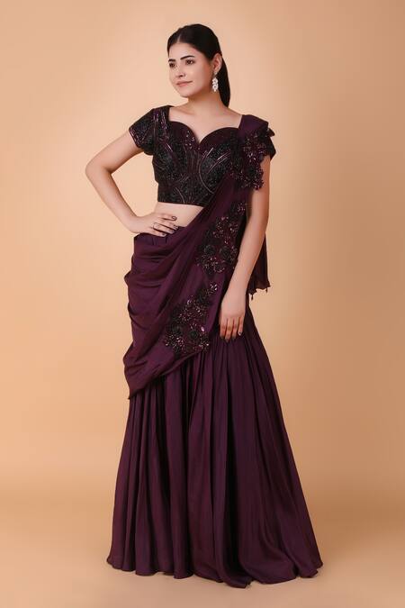 Buy Nidhi Kejriwal Purple Silk Sequins, Cut Work Pre-draped Floral Embroidered Saree With Blouse Online at Aza Fashions Buy_Nidhi Kejriwal_Purple Silk Sequins, Cut Work Pre-draped Floral Embroidered Saree With Blouse _Online_at_Aza_Fashions