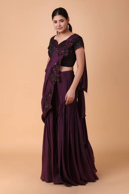 Shop_Nidhi Kejriwal_Purple Silk Sequins, Cut Work Pre-draped Floral Embroidered Saree With Blouse _Online_at_Aza_Fashions
