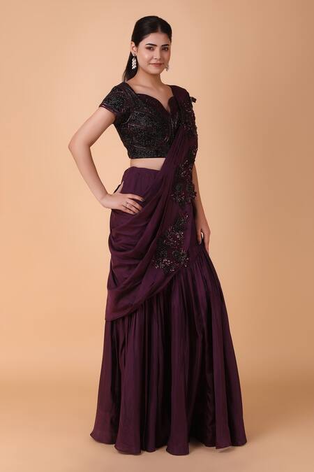 Nidhi Kejriwal_Purple Silk Sequins, Cut Work Pre-draped Floral Embroidered Saree With Blouse _at_Aza_Fashions