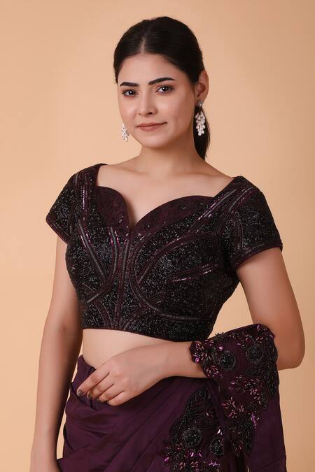 Buy_Nidhi Kejriwal_Purple Silk Sequins, Cut Work Pre-draped Floral Embroidered Saree With Blouse 
