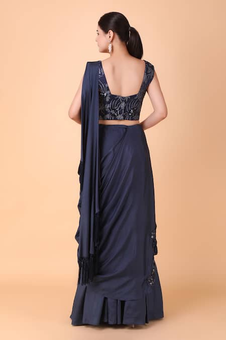 Shop_Nidhi Kejriwal_Blue Crepe, Silk, Net Sequins, Pre-draped Saree With Floral Corset Blouse _at_Aza_Fashions