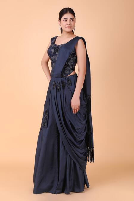 Nidhi Kejriwal_Blue Crepe, Silk, Net Sequins, Pre-draped Saree With Floral Corset Blouse _Online_at_Aza_Fashions