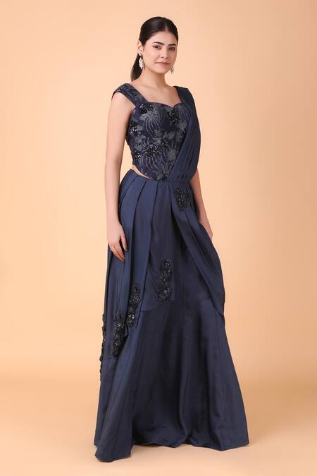 Buy_Nidhi Kejriwal_Blue Crepe, Silk, Net Sequins, Pre-draped Saree With Floral Corset Blouse _Online_at_Aza_Fashions