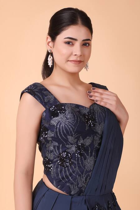 Shop_Nidhi Kejriwal_Blue Crepe, Silk, Net Sequins, Pre-draped Saree With Floral Corset Blouse _Online_at_Aza_Fashions