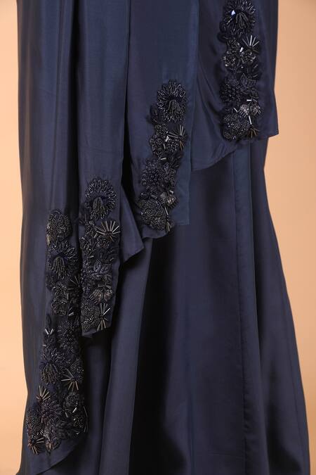 Nidhi Kejriwal_Blue Crepe, Silk, Net Sequins, Pre-draped Saree With Floral Corset Blouse _at_Aza_Fashions