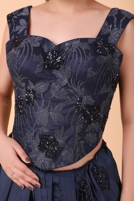 Buy_Nidhi Kejriwal_Blue Crepe, Silk, Net Sequins, Pre-draped Saree With Floral Corset Blouse 