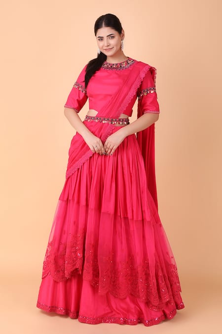 Nidhi Kejriwal Pink Pure Silk Embroidery Placement Pre-draped Lehenga Saree And Blouse Set 