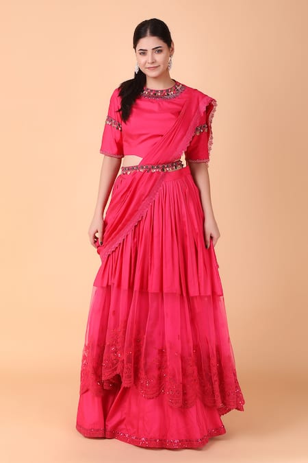 Nidhi Kejriwal_Pink Net, Silk Placement Floral Pre-draped Lehenga Saree And Blouse Set_Online_at_Aza_Fashions