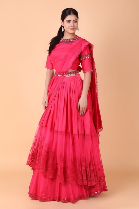 Buy_Nidhi Kejriwal_Pink Net, Silk Placement Floral Pre-draped Lehenga Saree And Blouse Set_Online_at_Aza_Fashions