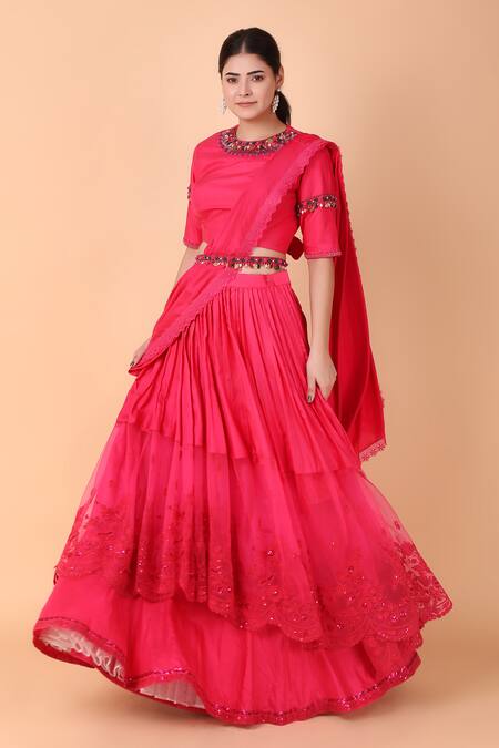 Shop_Nidhi Kejriwal_Pink Net, Silk Placement Floral Pre-draped Lehenga Saree And Blouse Set_Online_at_Aza_Fashions