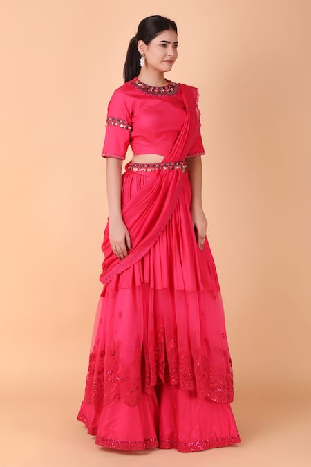 Nidhi Kejriwal_Pink Net, Silk Placement Floral Pre-draped Lehenga Saree And Blouse Set_at_Aza_Fashions