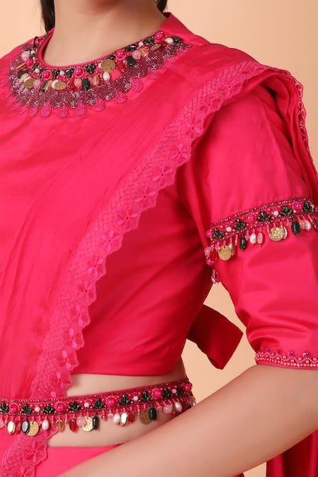 Buy_Nidhi Kejriwal_Pink Net, Silk Placement Floral Pre-draped Lehenga Saree And Blouse Set