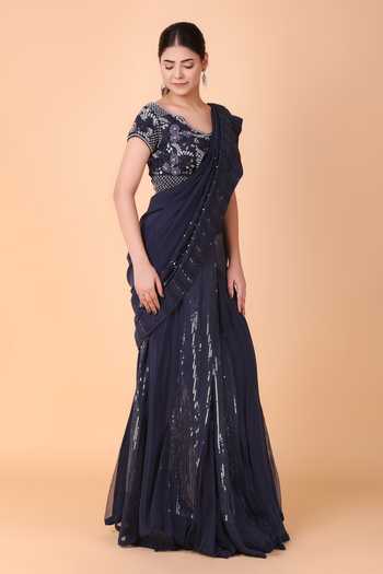 Nidhi Kejriwal_Blue Crepe, Satin Sequins, Stones, Tonal Pre-draped Saree With Blouse_Online_at_Aza_Fashions