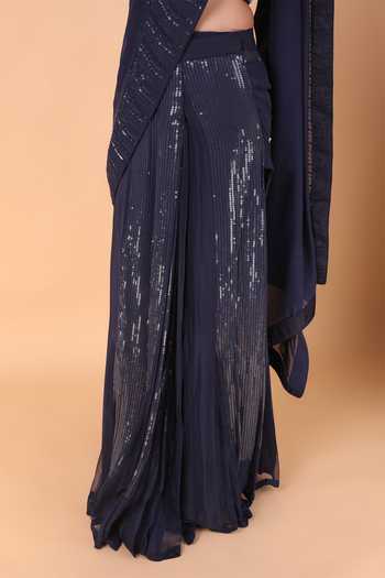 Buy_Nidhi Kejriwal_Blue Crepe, Satin Sequins, Stones, Tonal Pre-draped Saree With Blouse_Online_at_Aza_Fashions