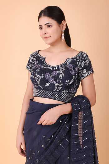 Nidhi Kejriwal_Blue Crepe, Satin Sequins, Stones, Tonal Pre-draped Saree With Blouse_at_Aza_Fashions