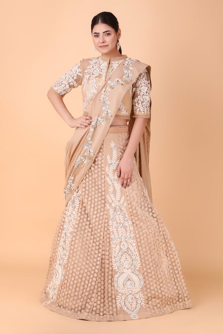 Nidhi Kejriwal Beige Georgette Embroidery Floral Jaal Round Neck Lehenga Saree And Blouse Set 