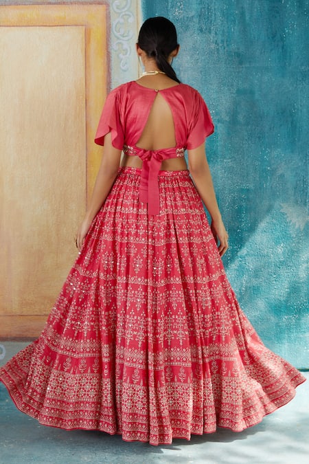 Shop Basil Leaf Red Viscose, Tussar, Organza Beads, Sequins Geometric Floral Print Lehenga Set at Aza Fashions Shop_Basil Leaf_Red Viscose, Tussar, Organza Beads, Sequins Geometric Floral Print Lehenga Set_at_Aza_Fashions