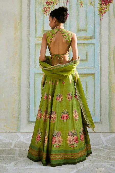 Shop Basil Leaf Green Tussar Sequins, Beads, Floral Bouquet Print Panelled Lehenga Set at Aza Fashions Shop_Basil Leaf_Green Tussar Sequins, Beads, Floral Bouquet Print Panelled Lehenga Set _at_Aza_Fashions