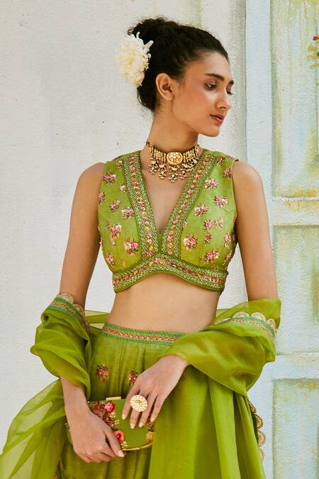 Basil Leaf Green Tussar Sequins, Beads, Floral Bouquet Print Panelled Lehenga Set Online at Aza Fashions Basil Leaf_Green Tussar Sequins, Beads, Floral Bouquet Print Panelled Lehenga Set _Online_at_Aza_Fashions