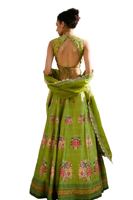 Buy Basil Leaf Green Tussar Sequins, Beads, Floral Bouquet Print Panelled Lehenga Set Online at Aza Fashions Buy_Basil Leaf_Green Tussar Sequins, Beads, Floral Bouquet Print Panelled Lehenga Set _Online_at_Aza_Fashions