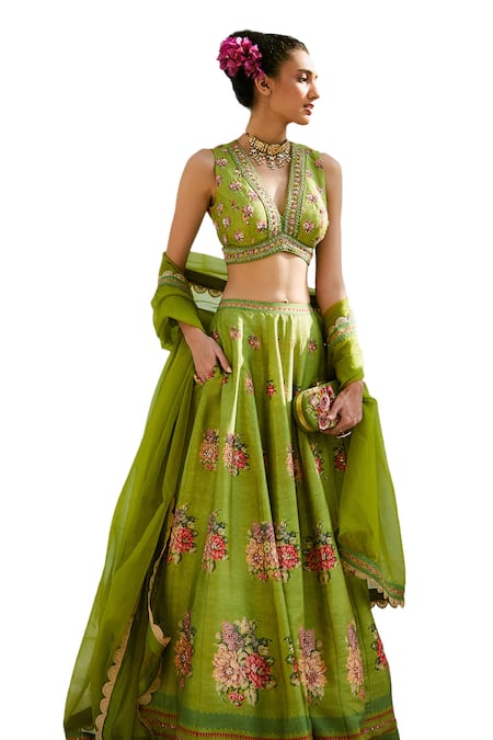 Shop Basil Leaf Green Tussar Sequins, Beads, Floral Bouquet Print Panelled Lehenga Set Online at Aza Fashions Shop_Basil Leaf_Green Tussar Sequins, Beads, Floral Bouquet Print Panelled Lehenga Set _Online_at_Aza_Fashions
