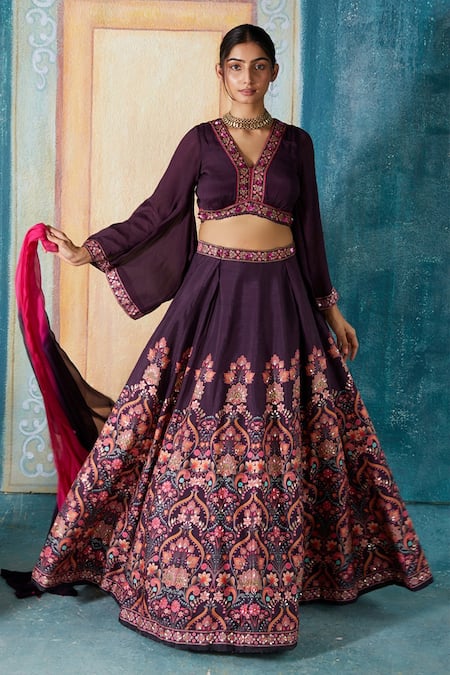 Basil Leaf Geometric Floral Print Panelled Lehenga Set 