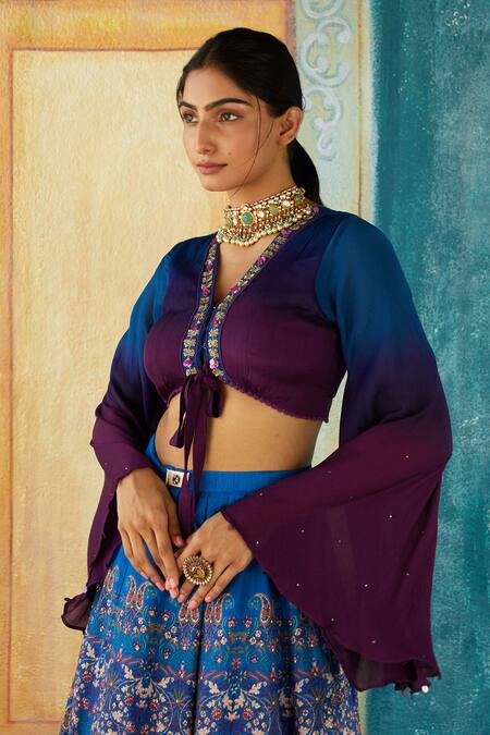 Basil Leaf_Blue Viscose, Tussar Sequins, Beads, Stones Geometric Paisley Print Lehenga Set_Online_at_Aza_Fashions