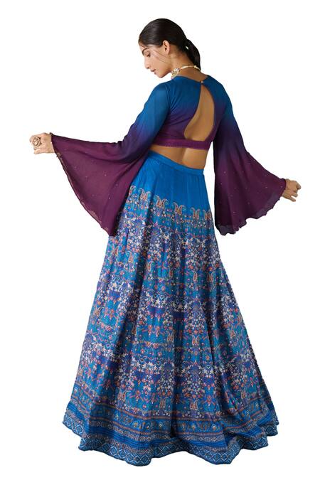 Buy_Basil Leaf_Blue Viscose, Tussar Sequins, Beads, Stones Geometric Paisley Print Lehenga Set_Online_at_Aza_Fashions