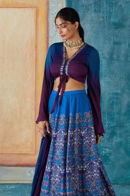 Shop_Basil Leaf_Blue Viscose, Tussar Sequins, Beads, Stones Geometric Paisley Print Lehenga Set_Online_at_Aza_Fashions