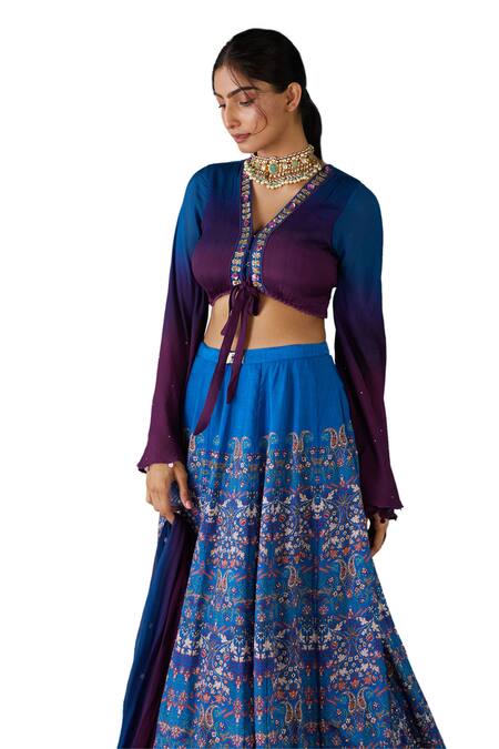 Basil Leaf_Blue Viscose, Tussar Sequins, Beads, Stones Geometric Paisley Print Lehenga Set_at_Aza_Fashions
