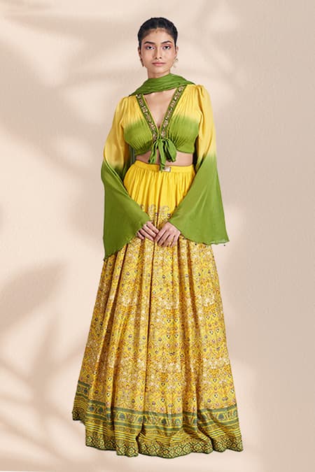 Basil Leaf Yellow Viscose Tussar Printed Geometric Paisley V-neck Gathered Lehenga Set 