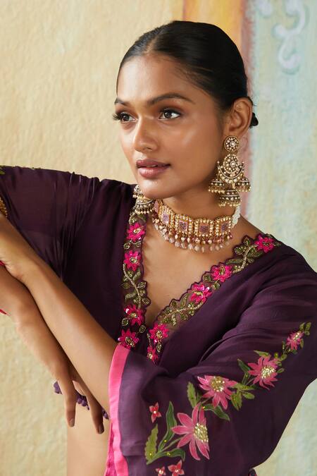 Basil Leaf_Wine Viscose Sequins, Embroidery V-neck Floral Geometric Print Lehenga Set_Online_at_Aza_Fashions