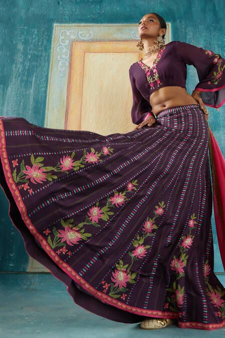 Buy_Basil Leaf_Wine Viscose Sequins, Embroidery V-neck Floral Geometric Print Lehenga Set_Online_at_Aza_Fashions