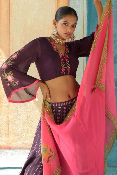 Basil Leaf_Wine Viscose Sequins, Embroidery V-neck Floral Geometric Print Lehenga Set_at_Aza_Fashions