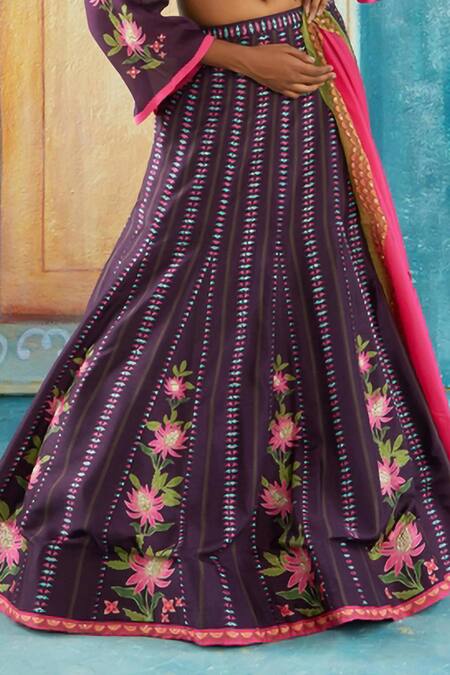 Shop_Basil Leaf_Wine Viscose Sequins, Embroidery V-neck Floral Geometric Print Lehenga Set