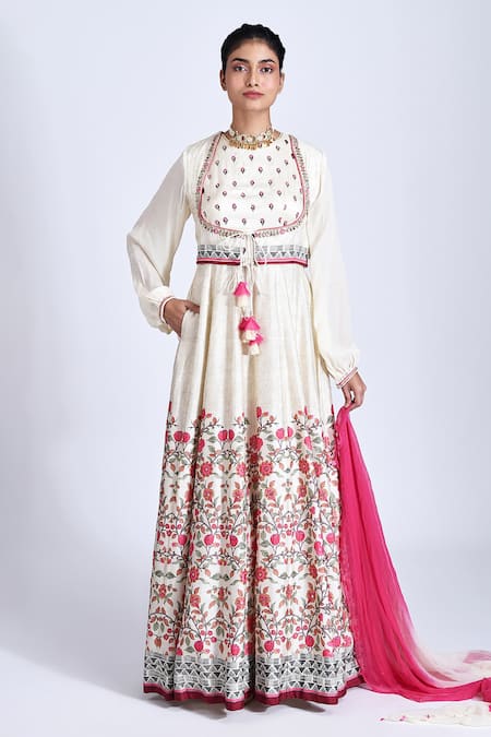 Basil Leaf Floral Print Jacket Anarkali & Dupatta Set 