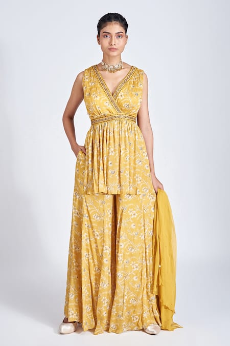 Basil Leaf Yellow Chinon Chiffon Hand Embroidery Botanical Print Kurta And Sharara Set 