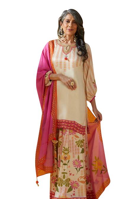 Buy_Basil Leaf_Pink Bamboo, Satin Embroidery, Cut Work Split Floral Print Kurta And Sharara Set_Online_at_Aza_Fashions