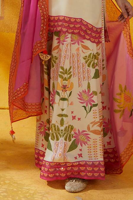 Shop_Basil Leaf_Pink Bamboo, Satin Embroidery, Cut Work Split Floral Print Kurta And Sharara Set_Online_at_Aza_Fashions