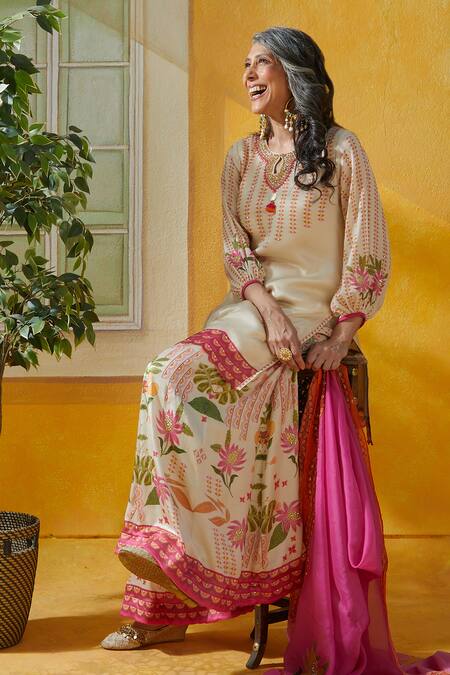 Buy_Basil Leaf_Pink Bamboo, Satin Embroidery, Cut Work Split Floral Print Kurta And Sharara Set