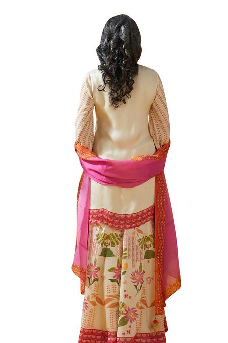 Shop_Basil Leaf_Pink Bamboo, Satin Embroidery, Cut Work Split Floral Print Kurta And Sharara Set