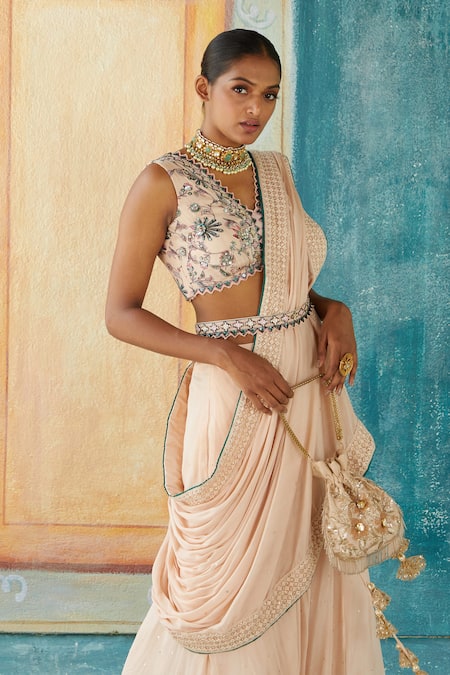 Buy_Basil Leaf_Beige Chiffon Cut Work, Beads, Tassels, Solid Pre-draped Saree And Blouse Set_Online_at_Aza_Fashions