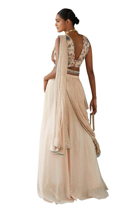 Shop_Basil Leaf_Beige Chiffon Cut Work, Beads, Tassels, Solid Pre-draped Saree And Blouse Set_Online_at_Aza_Fashions