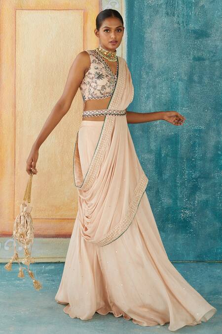 Basil Leaf_Beige Chiffon Cut Work, Beads, Tassels, Solid Pre-draped Saree And Blouse Set_at_Aza_Fashions