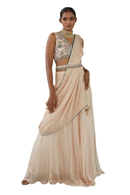 Buy_Basil Leaf_Beige Chiffon Cut Work, Beads, Tassels, Solid Pre-draped Saree And Blouse Set