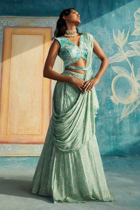 Basil Leaf Sequin Embroidered Blouse & Pre-draped Saree Set 