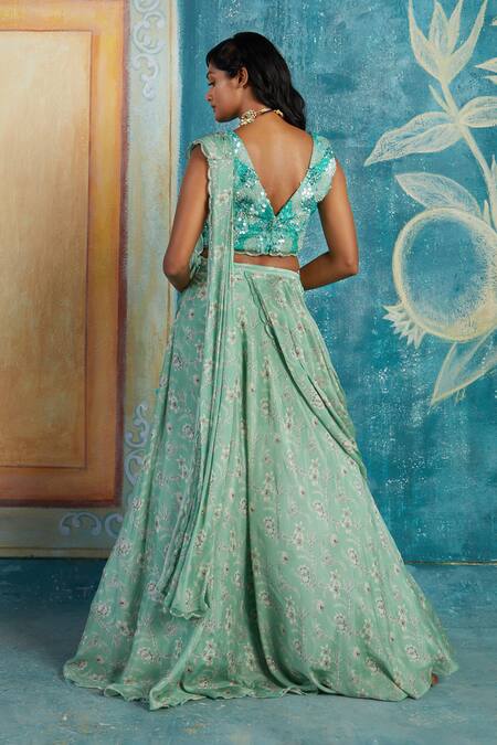 Shop_Basil Leaf_Green Chiffon Sequins, Beads V-neck Embroidered Blouse And Pre-draped Saree Set_at_Aza_Fashions